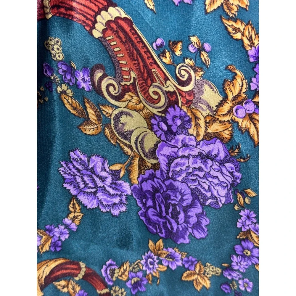 Specialty House Inc Vintage 100% Silk Scarf Teal Purple Floral Baroque Square